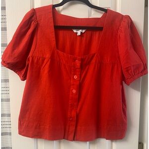 Calligraphie Red Button-Up Short Sleeve Linen Blend Women's Top Size Large